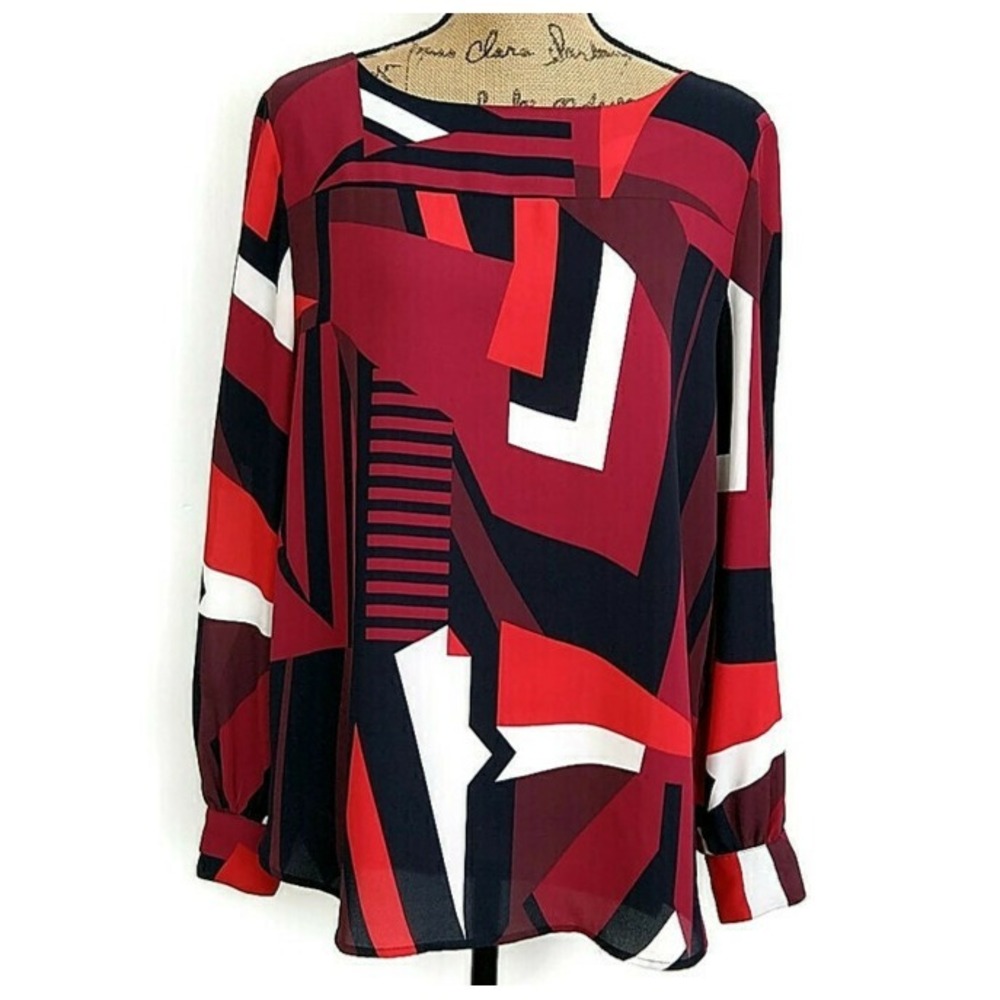 Loft Top Red Black Geometric Long Sleeve Wide Neck Pullover Blouse sz M Modern